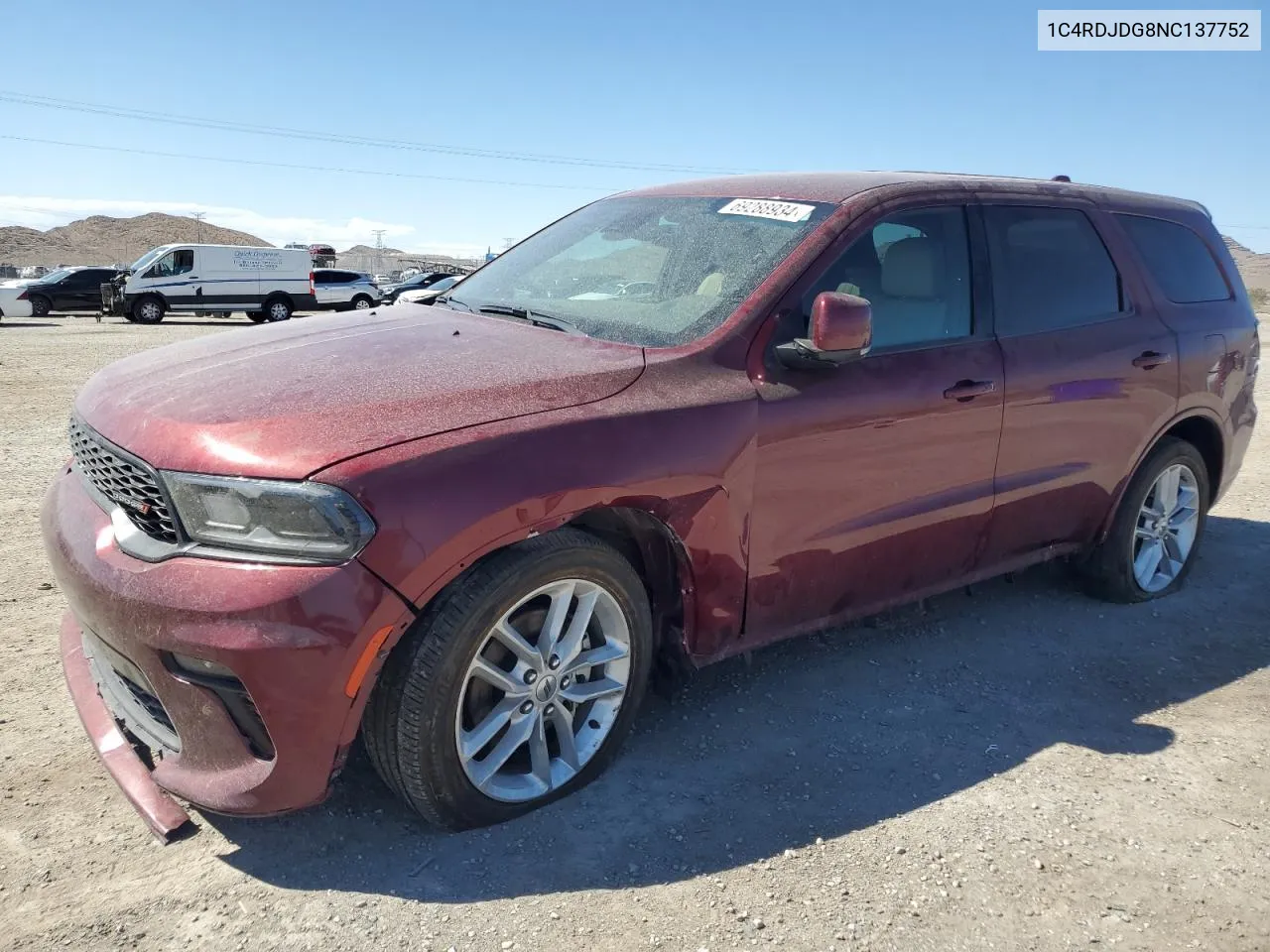 2022 Dodge Durango Gt VIN: 1C4RDJDG8NC137752 Lot: 69288934