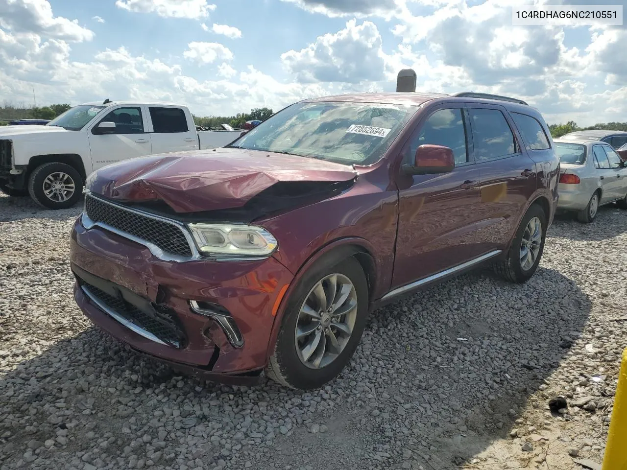 2022 Dodge Durango Sxt VIN: 1C4RDHAG6NC210551 Lot: 72852694