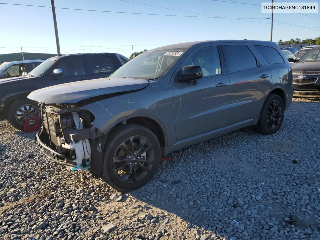 2022 Dodge Durango Sxt VIN: 1C4RDHAG5NC181849 Lot: 76293324