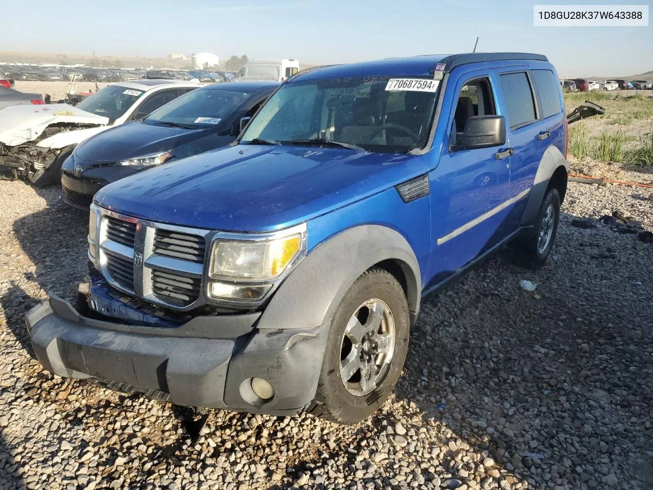 2007 Dodge Nitro Sxt VIN: 1D8GU28K37W643388 Lot: 70687594