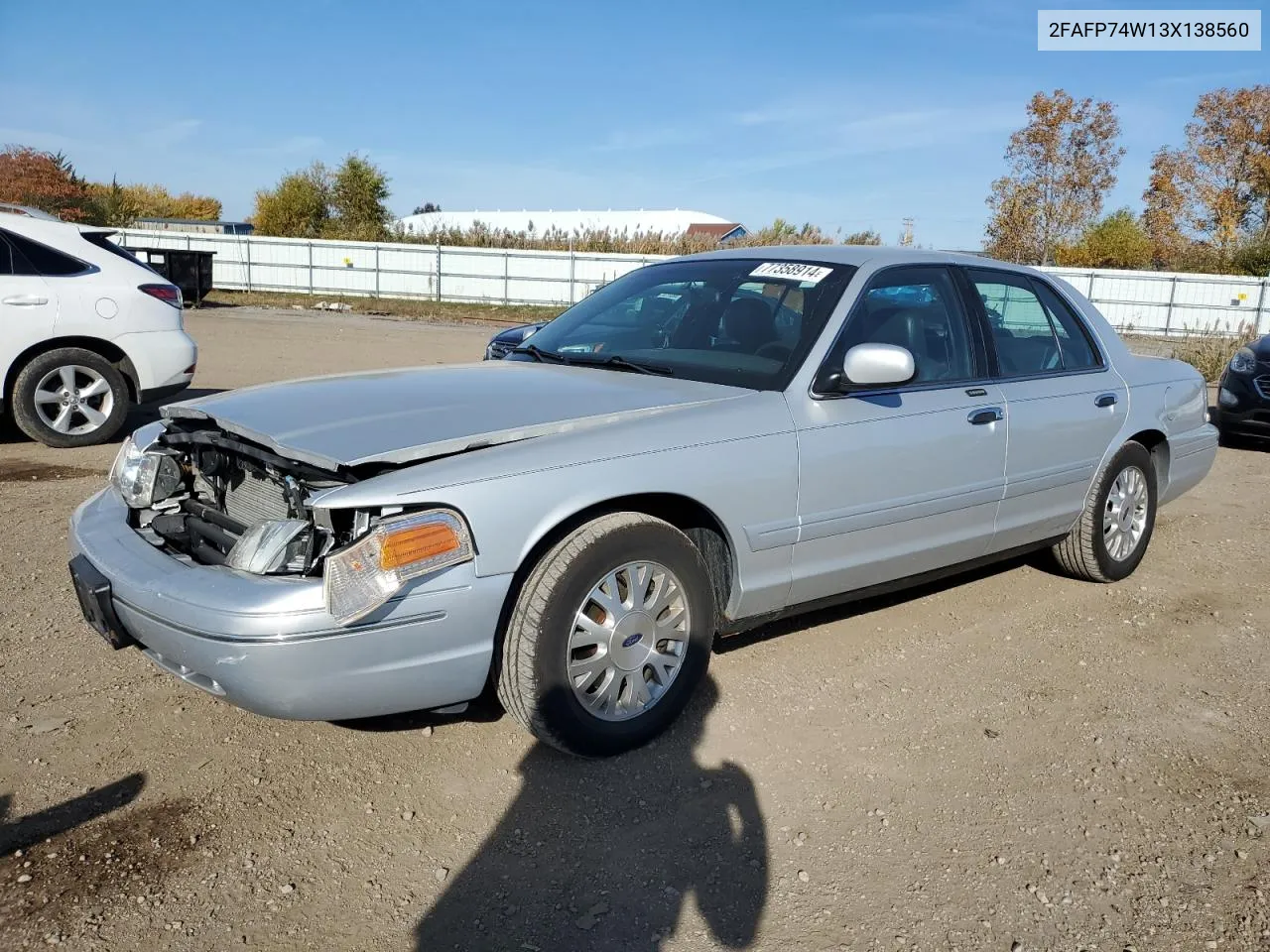 2003 Ford Crown Victoria Lx VIN: 2FAFP74W13X138560 Lot: 77358914