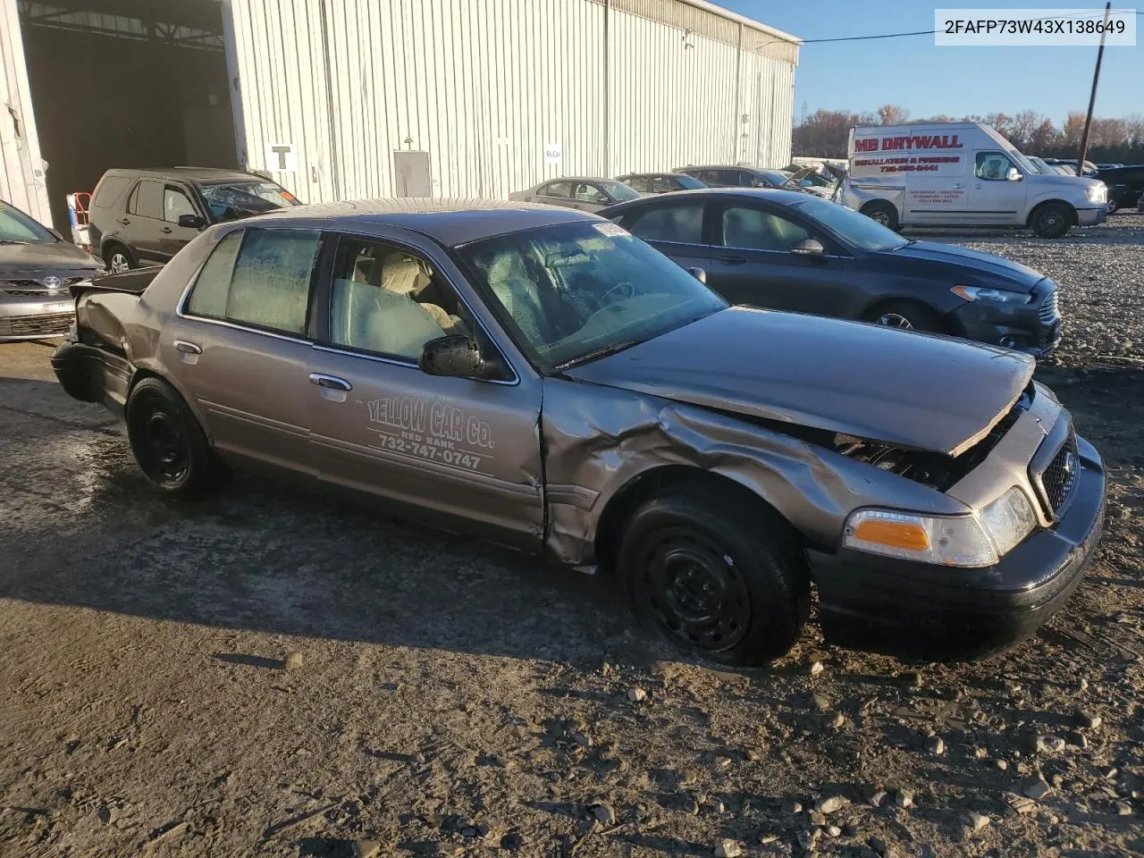 2003 Ford Crown Victoria VIN: 2FAFP73W43X138649 Lot: 78799164