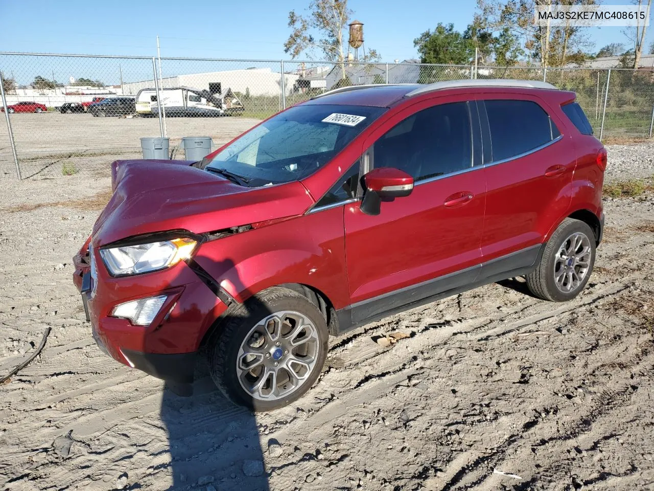 2021 Ford Ecosport Titanium VIN: MAJ3S2KE7MC408615 Lot: 76601634