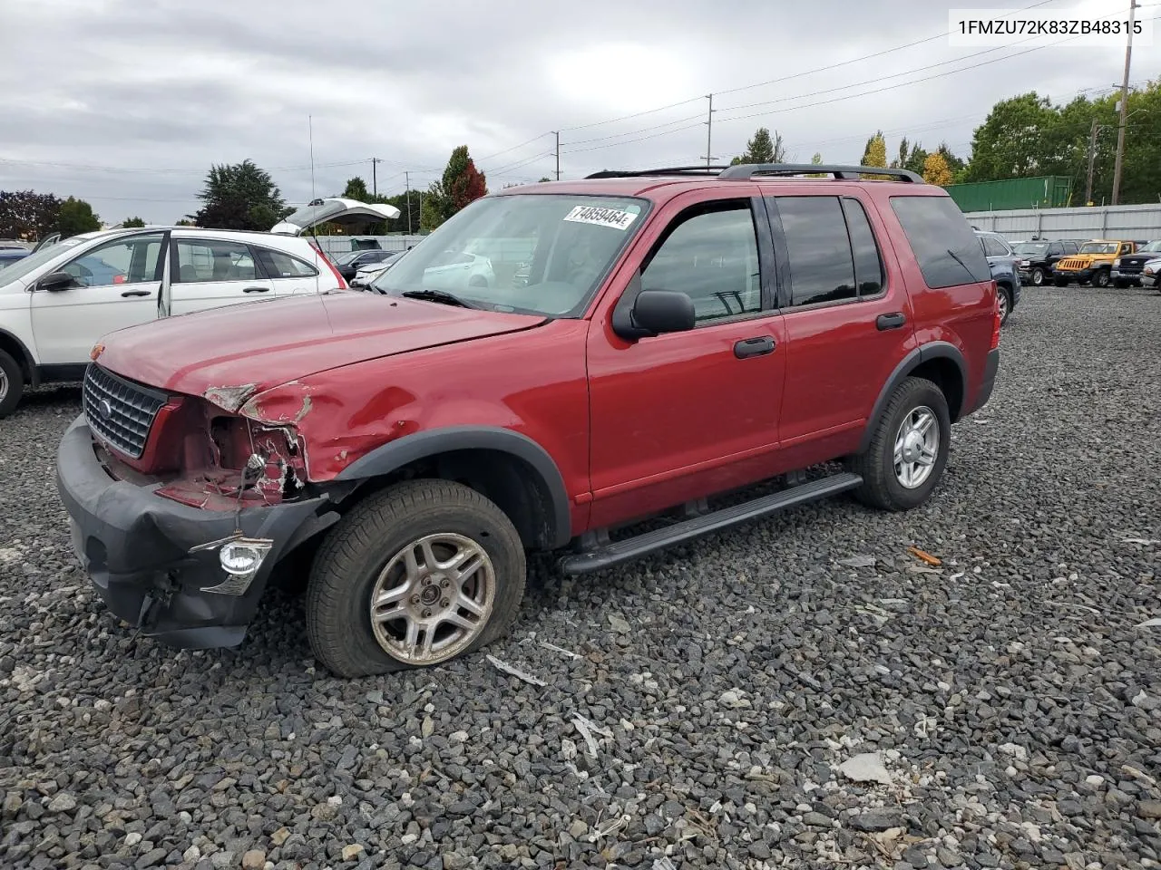 2003 Ford Explorer Xls VIN: 1FMZU72K83ZB48315 Lot: 74859464