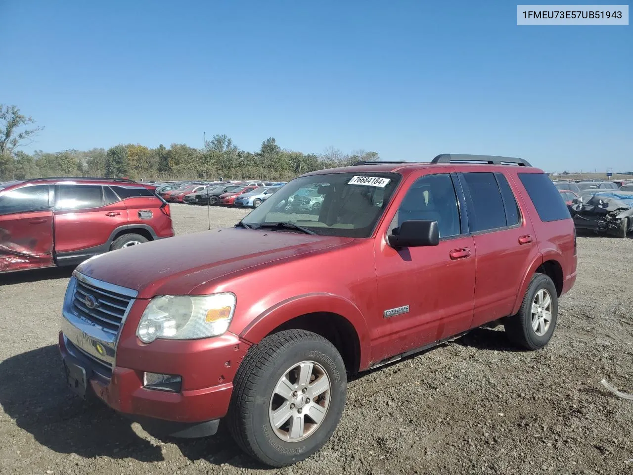 2007 Ford Explorer Xlt VIN: 1FMEU73E57UB51943 Lot: 76684184