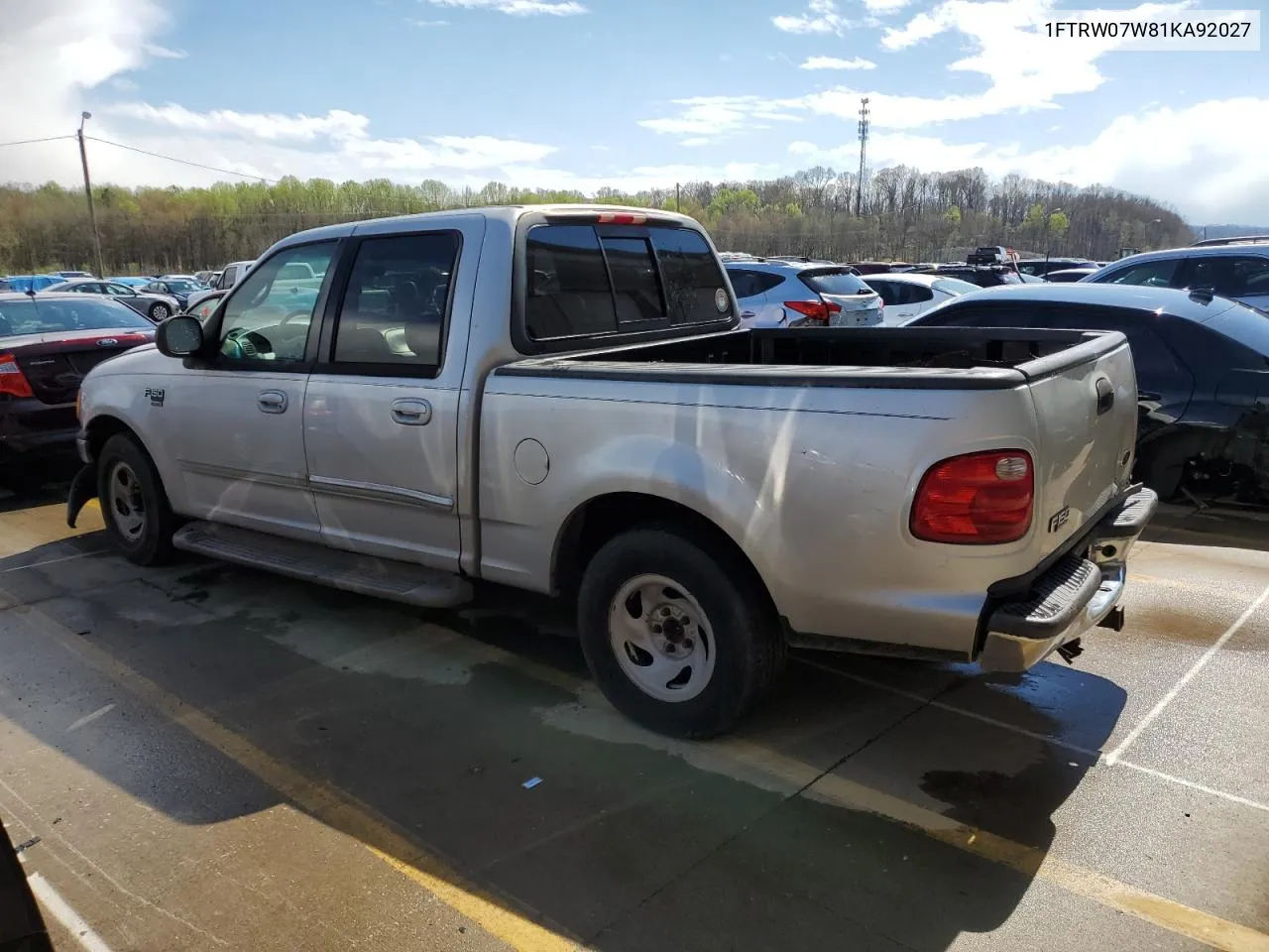 2001 Ford F150 Supercrew VIN: 1FTRW07W81KA92027 Lot: 44717134