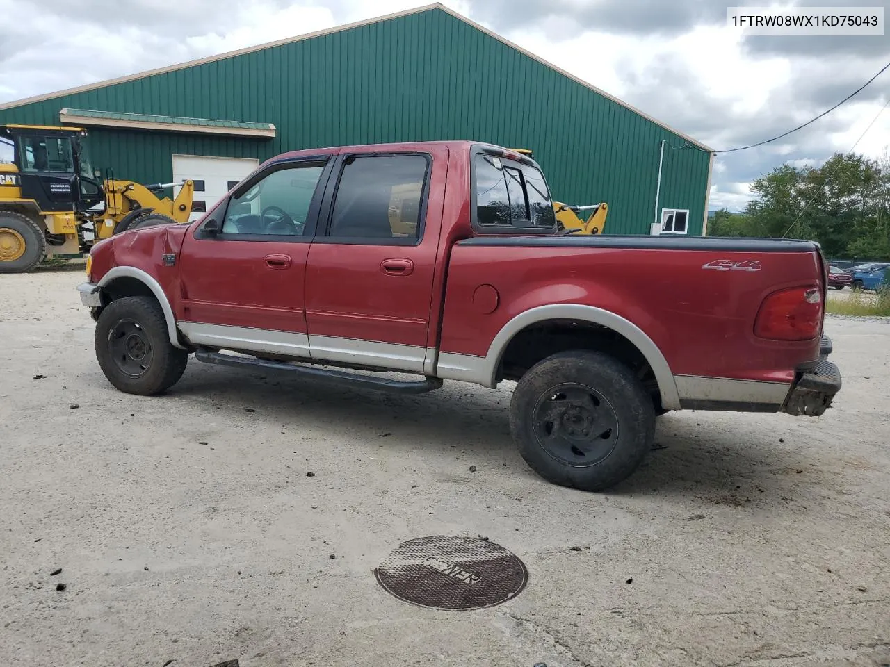 2001 Ford F150 Supercrew VIN: 1FTRW08WX1KD75043 Lot: 68133614