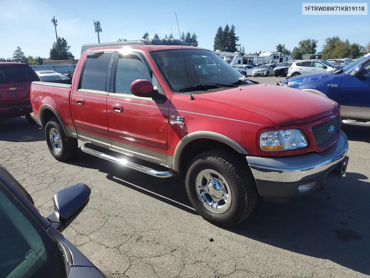 2001 Ford F150 Supercrew VIN: 1FTRW08W71KB19118 Lot: 74038054