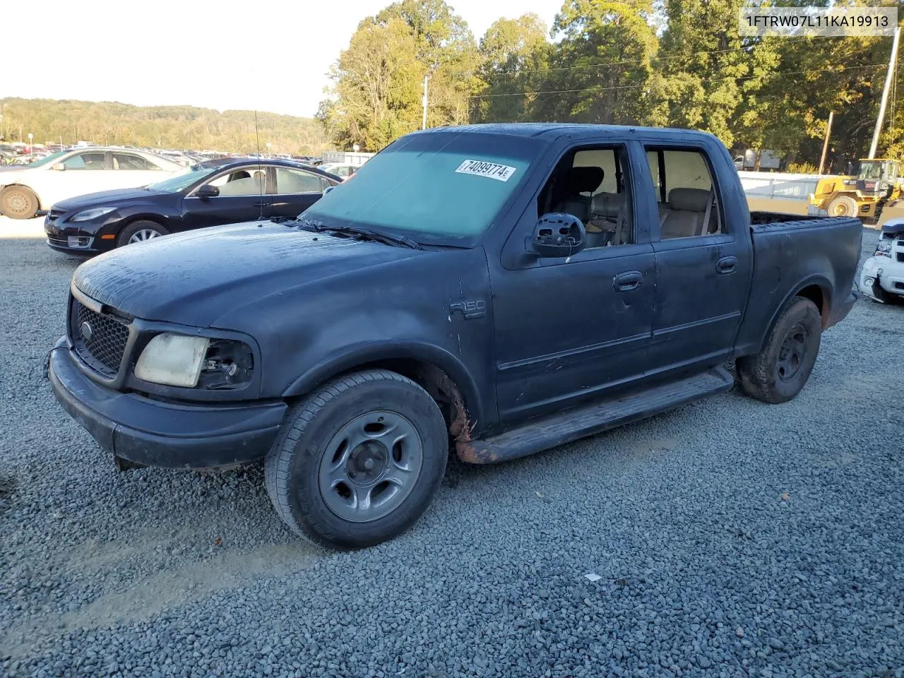 2001 Ford F150 Supercrew VIN: 1FTRW07L11KA19913 Lot: 74099774