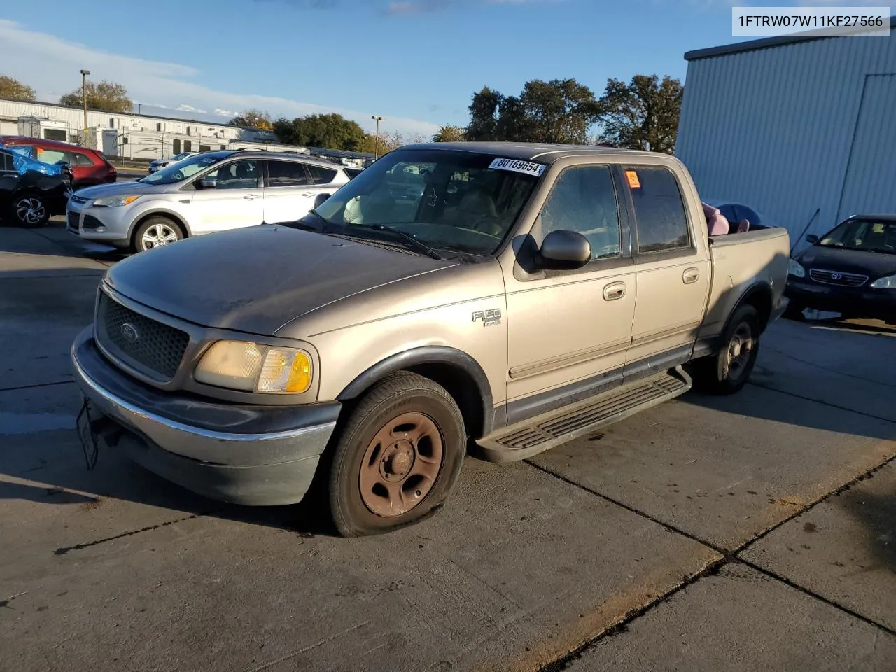 2001 Ford F150 Supercrew VIN: 1FTRW07W11KF27566 Lot: 80169654