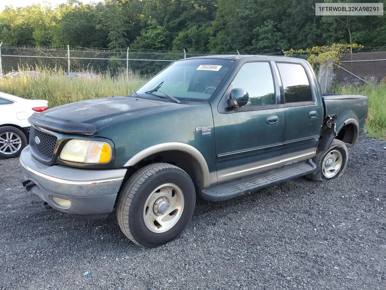 2002 Ford F150 Supercrew VIN: 1FTRW08L32KA98291 Lot: 70833694