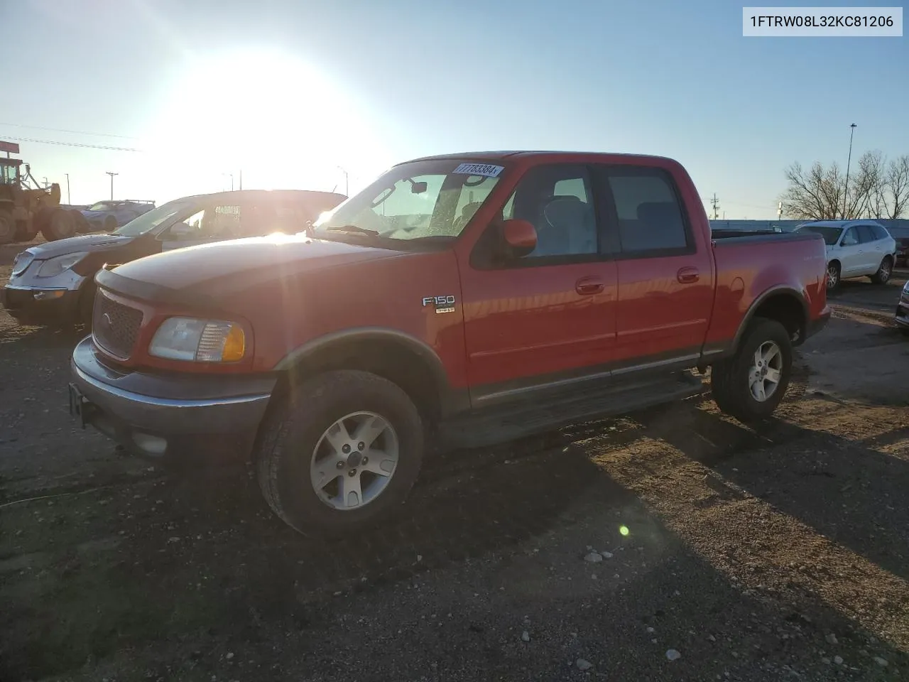 2002 Ford F150 Supercrew VIN: 1FTRW08L32KC81206 Lot: 77783384