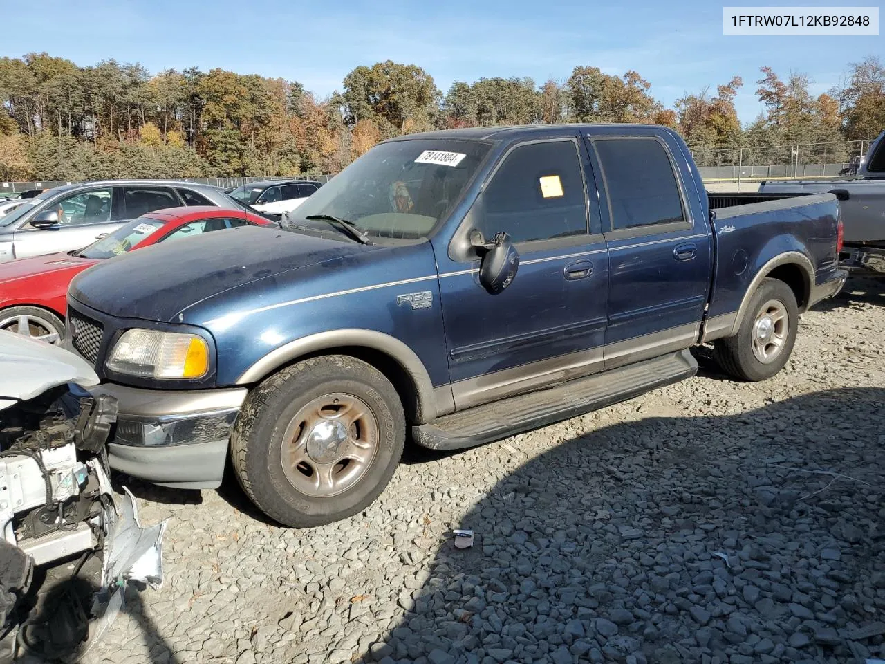 2002 Ford F150 Supercrew VIN: 1FTRW07L12KB92848 Lot: 78141804