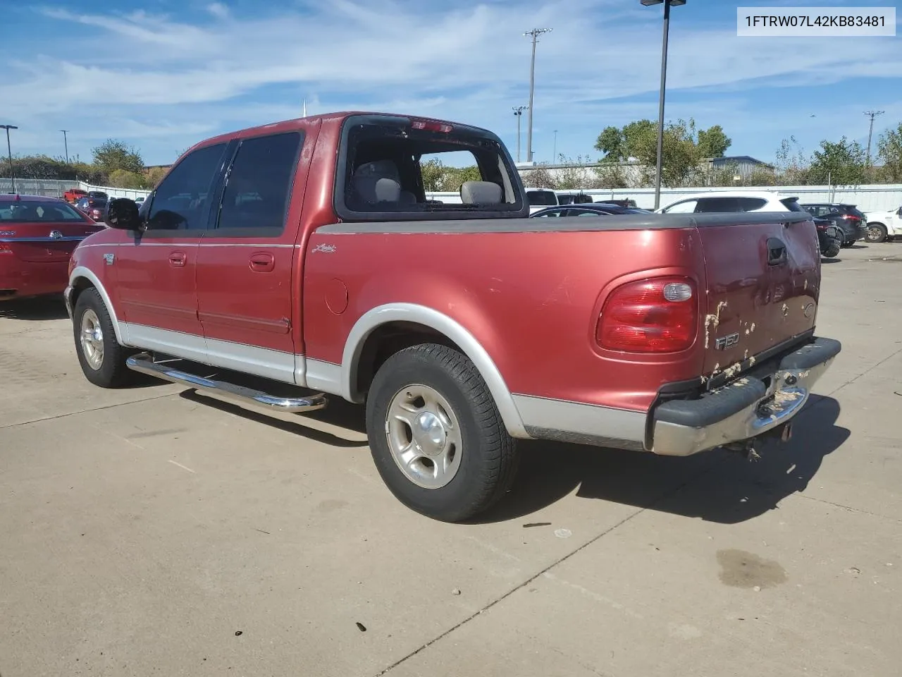 2002 Ford F150 Supercrew VIN: 1FTRW07L42KB83481 Lot: 79742494