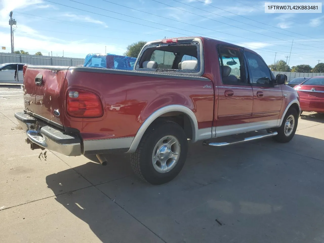 2002 Ford F150 Supercrew VIN: 1FTRW07L42KB83481 Lot: 79742494