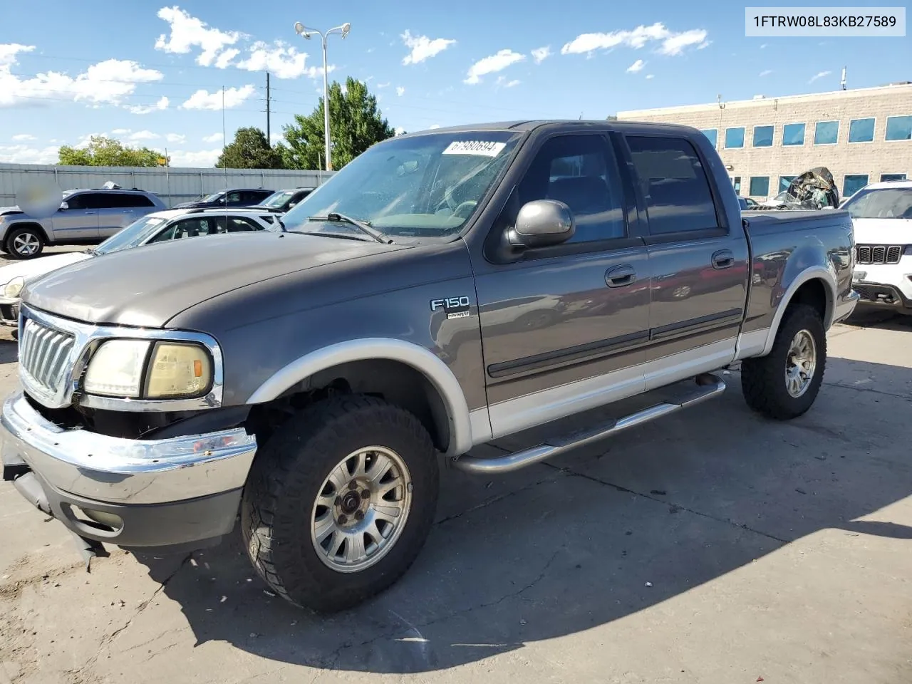 2003 Ford F150 Supercrew VIN: 1FTRW08L83KB27589 Lot: 67980694