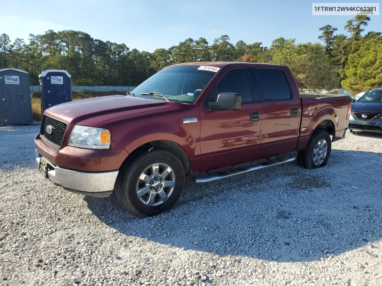 2004 Ford F150 Supercrew VIN: 1FTRW12W94KC62381 Lot: 77614184