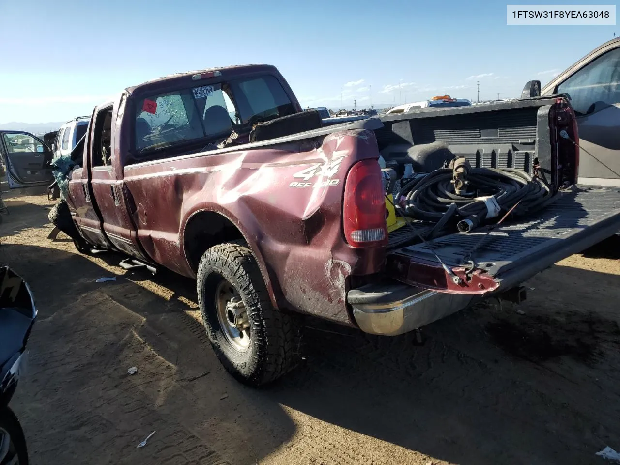 2000 Ford F350 Srw Super Duty VIN: 1FTSW31F8YEA63048 Lot: 72357514