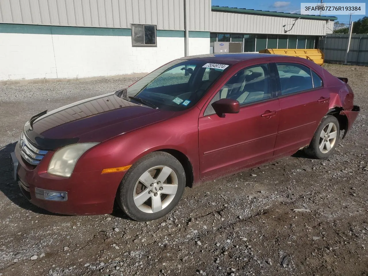 2006 Ford Fusion Se VIN: 3FAFP07Z76R193384 Lot: 75549724