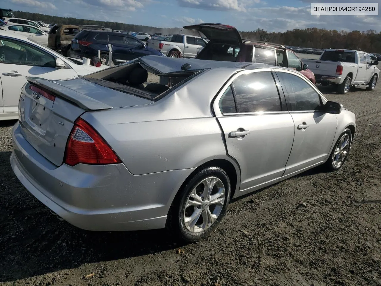 2012 Ford Fusion Se VIN: 3FAHP0HA4CR194280 Lot: 78419354