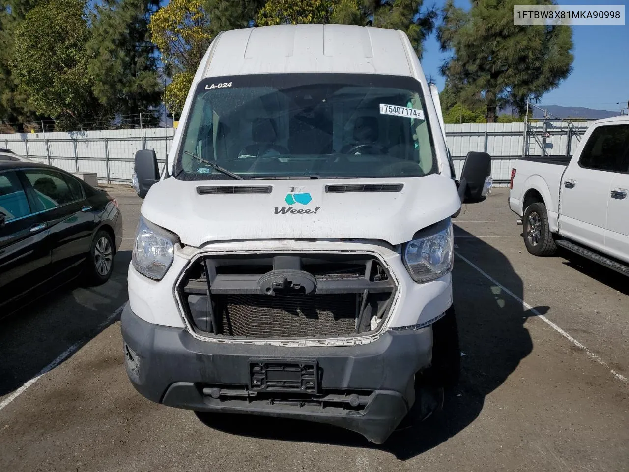 2021 Ford Transit T-350 VIN: 1FTBW3X81MKA90998 Lot: 75407174