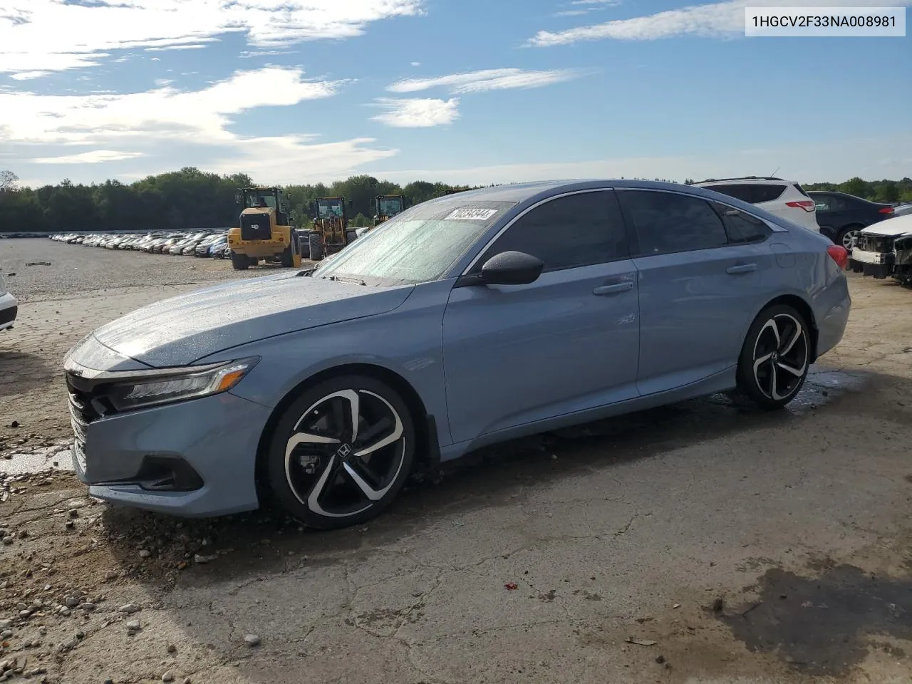 2022 Honda Accord Sport VIN: 1HGCV2F33NA008981 Lot: 70234344