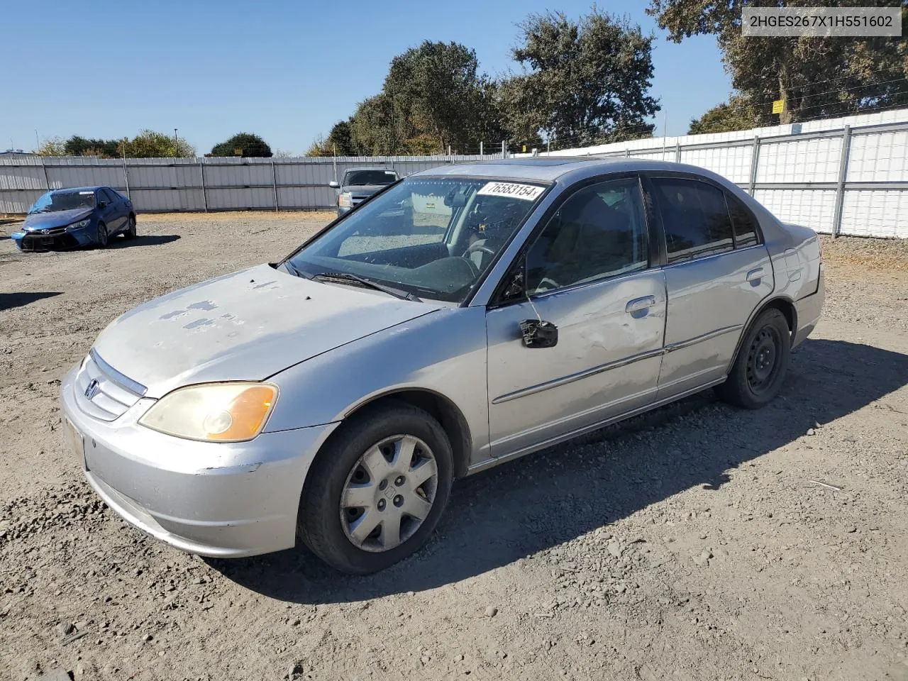 2001 Honda Civic Ex VIN: 2HGES267X1H551602 Lot: 76583154