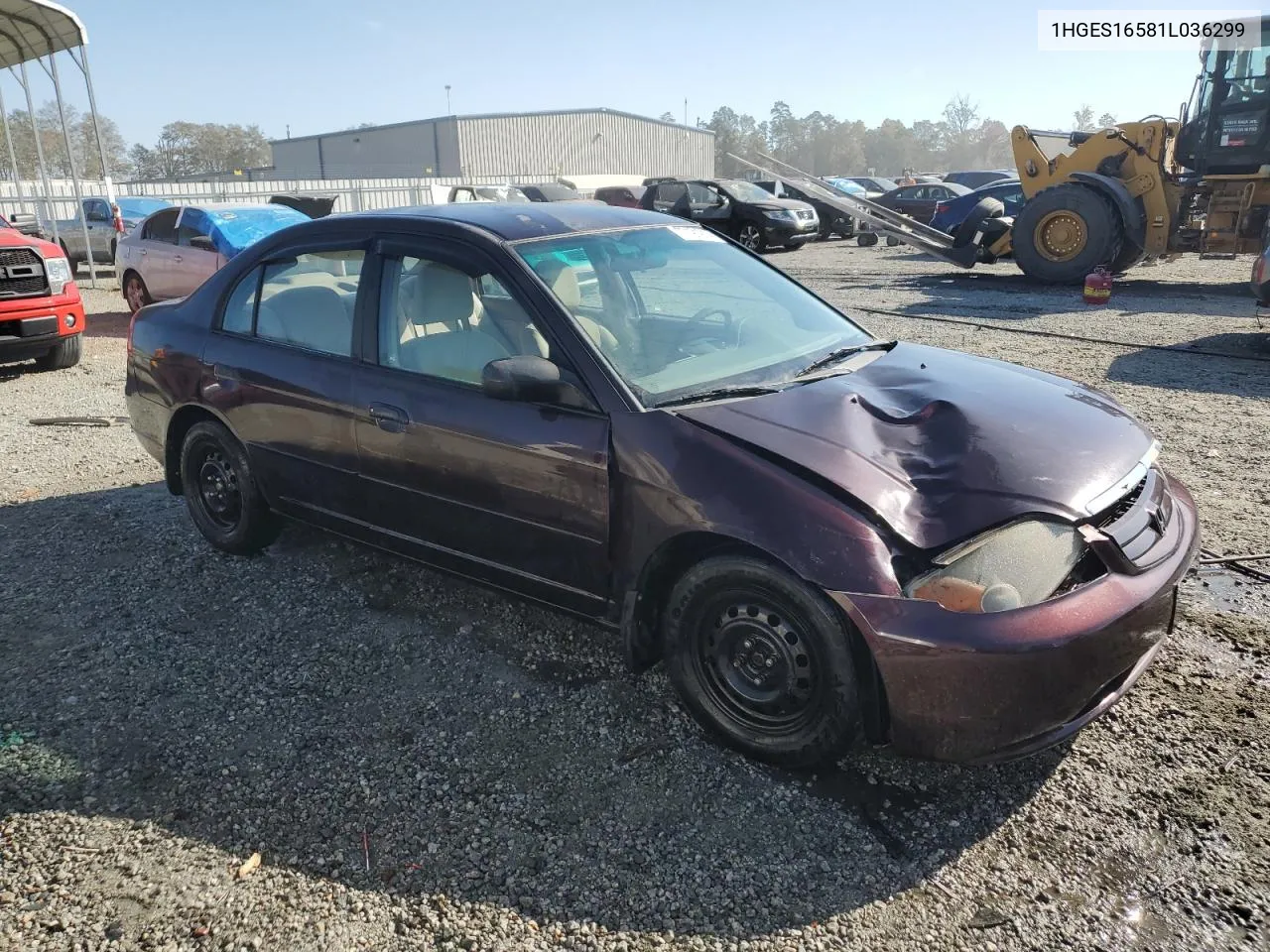 2001 Honda Civic Lx VIN: 1HGES16581L036299 Lot: 77191914