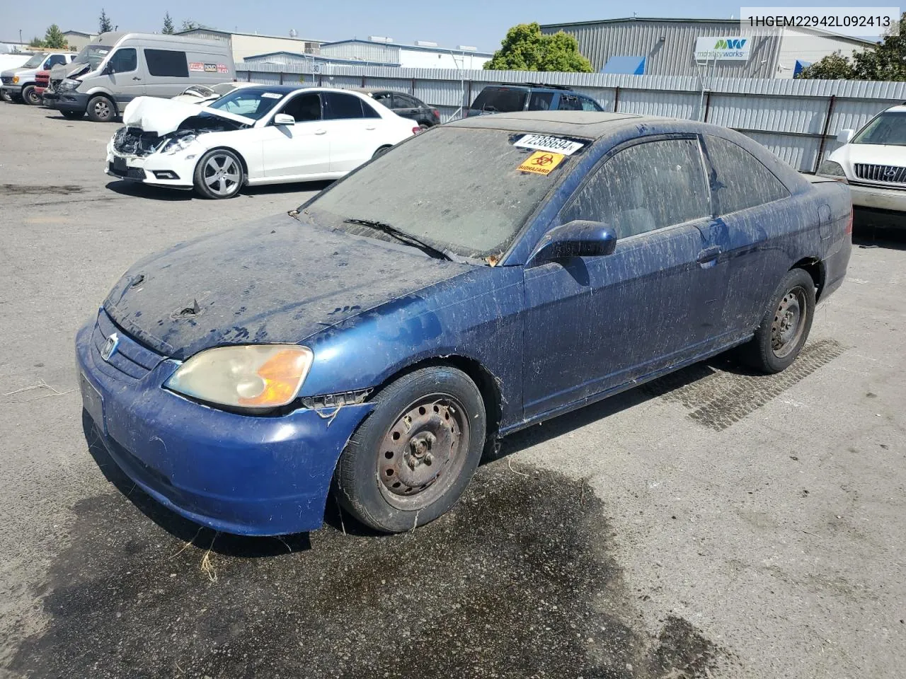 2002 Honda Civic Ex VIN: 1HGEM22942L092413 Lot: 72388694