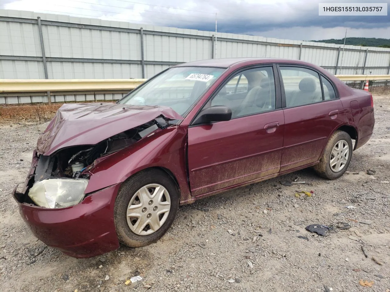 2003 Honda Civic Lx VIN: 1HGES15513L035757 Lot: 65794764