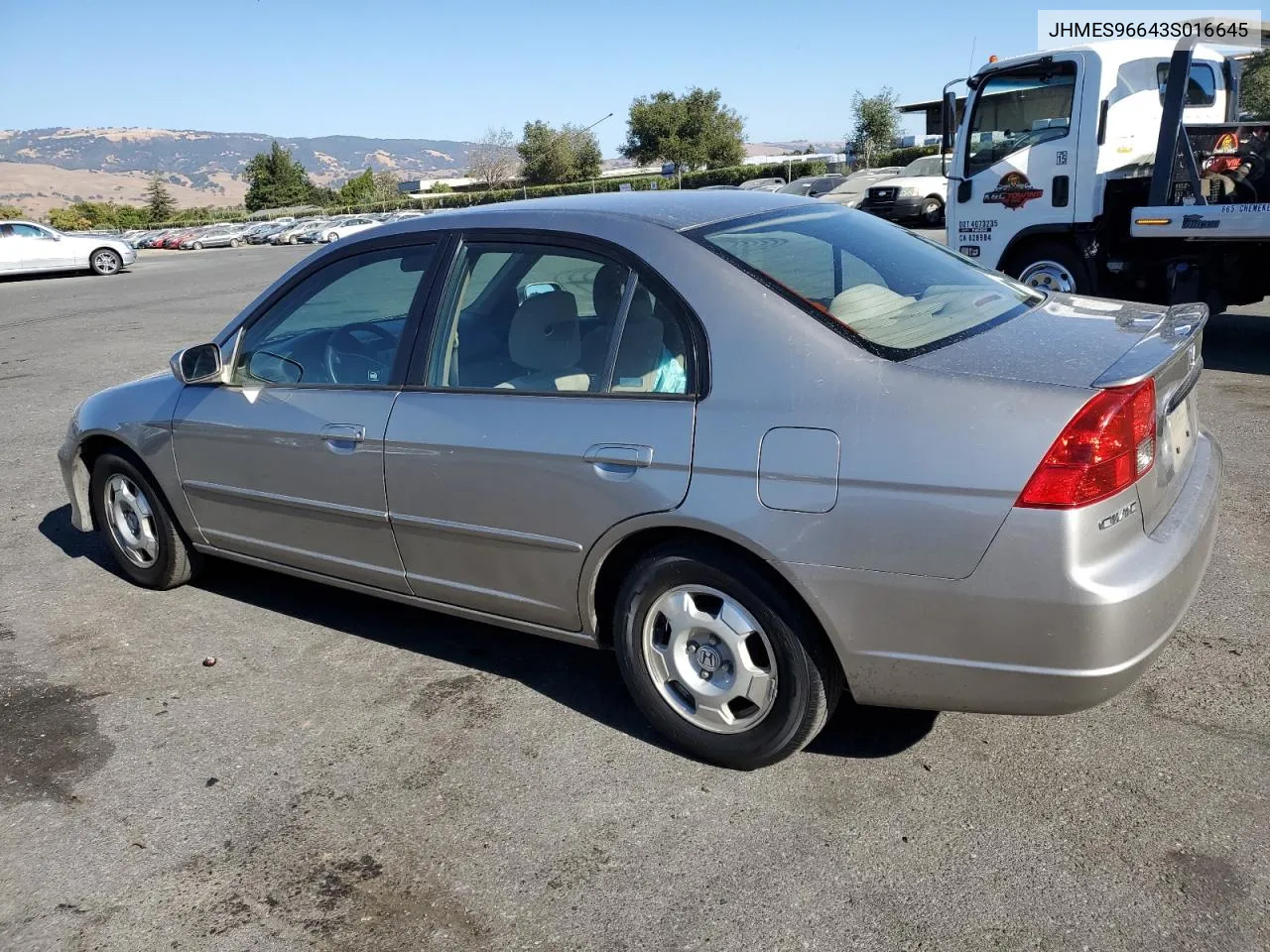 2003 Honda Civic Hybrid VIN: JHMES96643S016645 Lot: 73162994