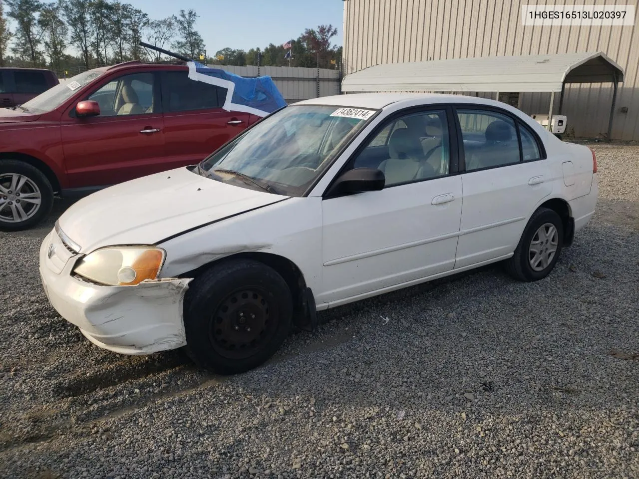 2003 Honda Civic Lx VIN: 1HGES16513L020397 Lot: 74362414