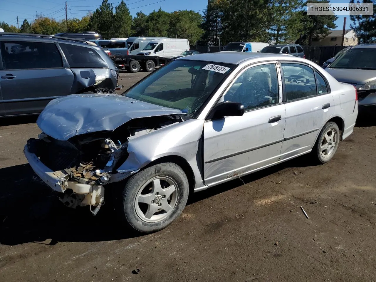 2004 Honda Civic Dx Vp VIN: 1HGES16304L006331 Lot: 72646134