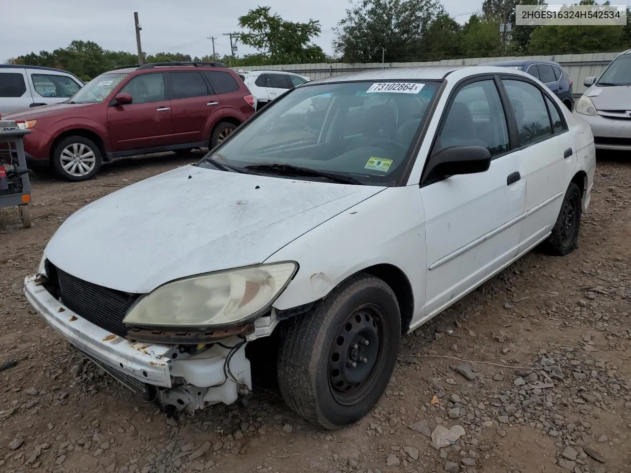 2004 Honda Civic Dx Vp VIN: 2HGES16324H542534 Lot: 73102864