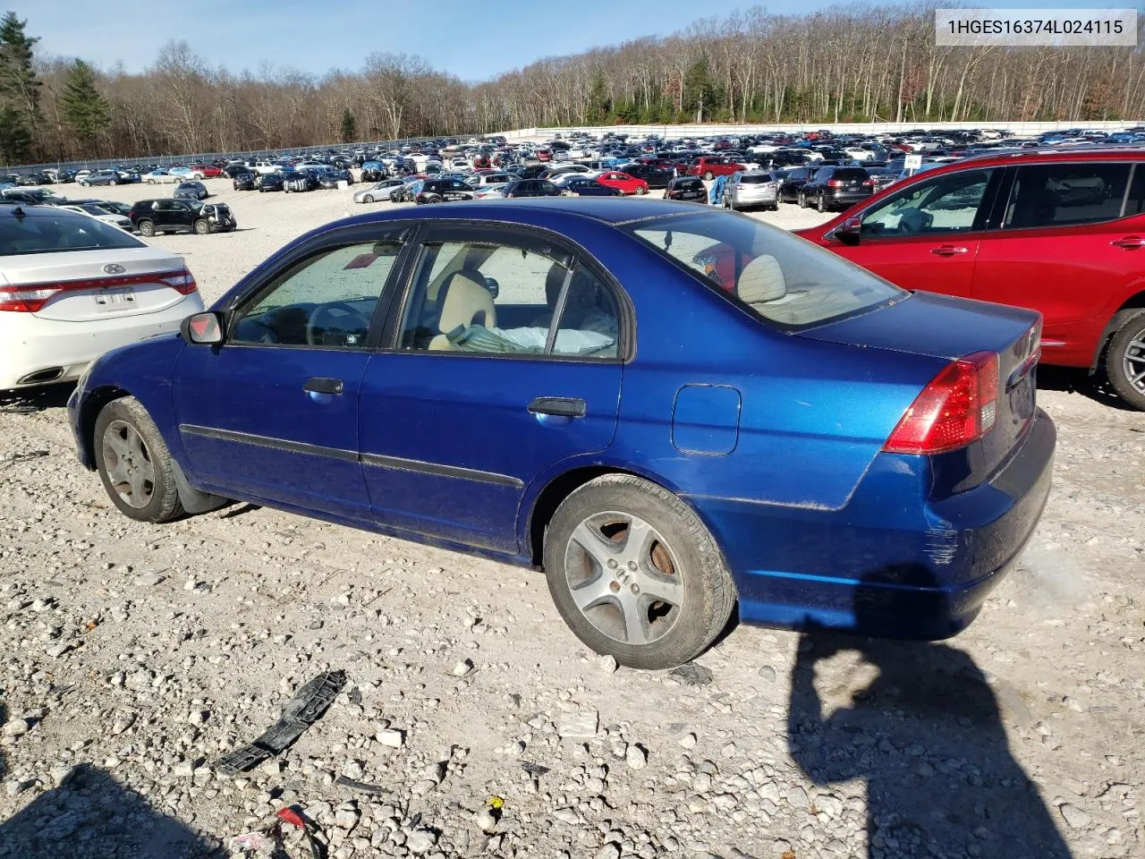 2004 Honda Civic Dx Vp VIN: 1HGES16374L024115 Lot: 79076294