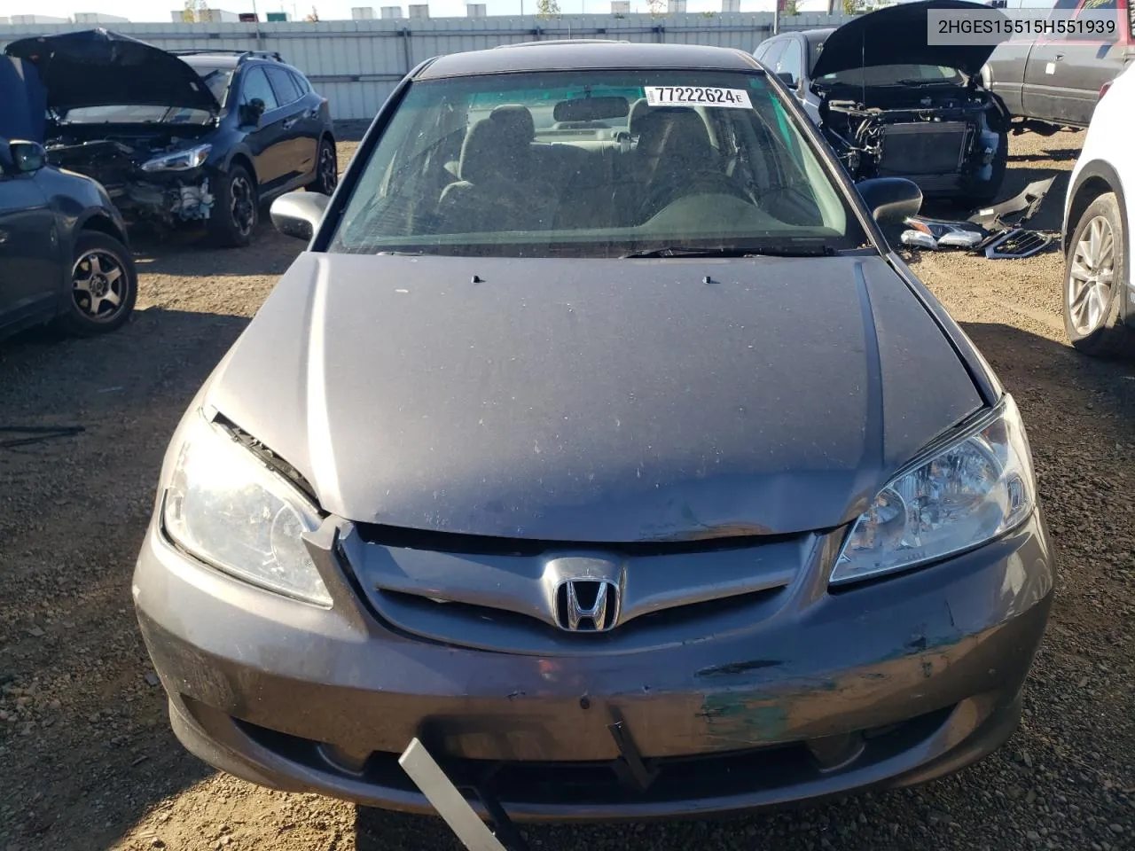 2005 Honda Civic Lx VIN: 2HGES15515H551939 Lot: 77222624