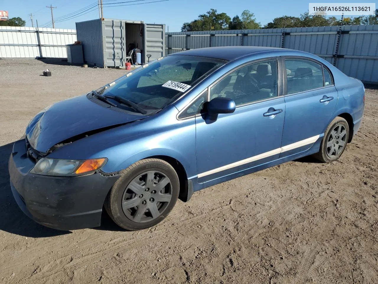 2006 Honda Civic Lx VIN: 1HGFA16526L113621 Lot: 75199444