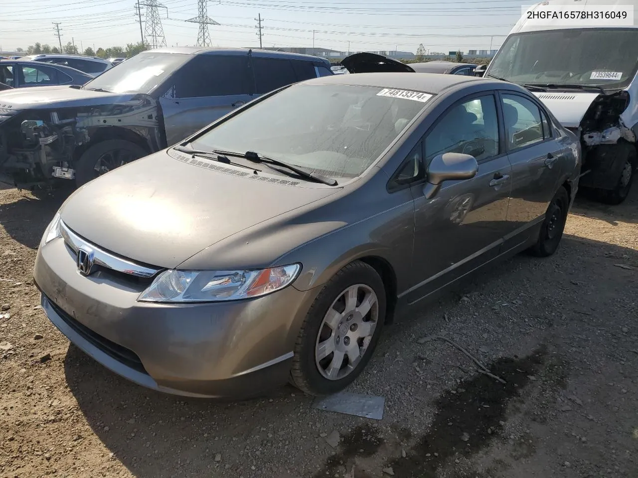 2008 Honda Civic Lx VIN: 2HGFA16578H316049 Lot: 74813374