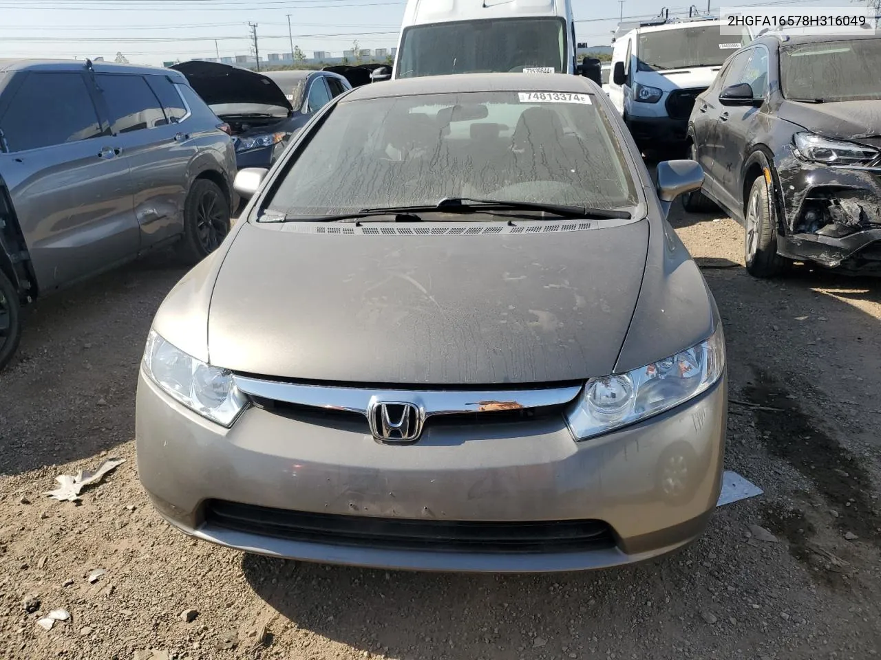 2008 Honda Civic Lx VIN: 2HGFA16578H316049 Lot: 74813374