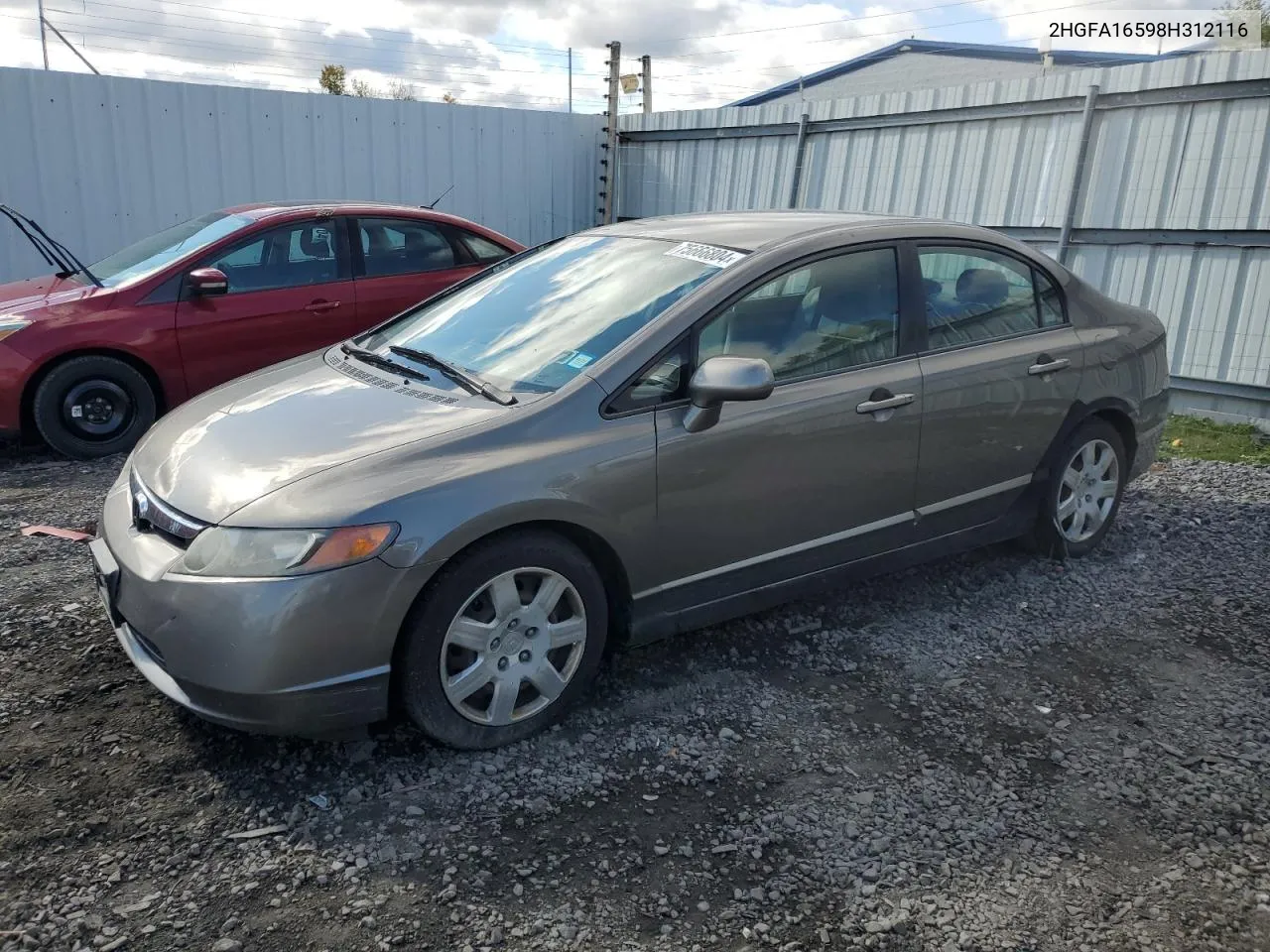 2008 Honda Civic Lx VIN: 2HGFA16598H312116 Lot: 75666804