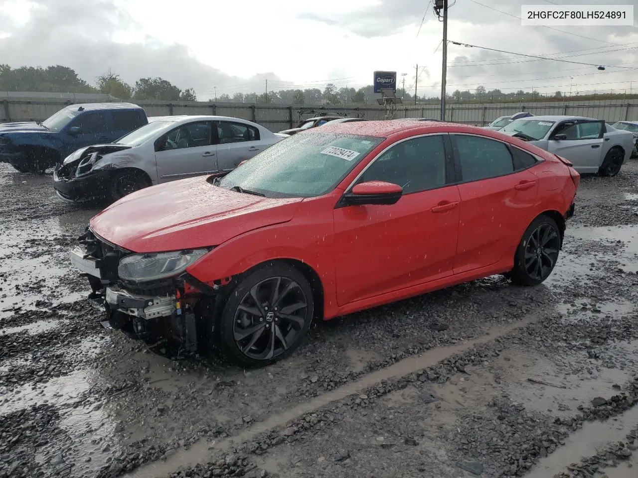 2020 Honda Civic Sport VIN: 2HGFC2F80LH524891 Lot: 72029474