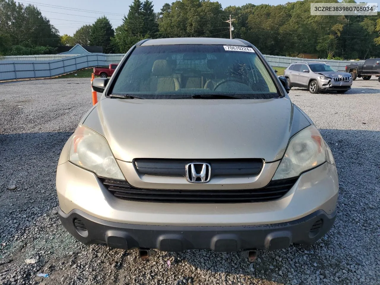 2008 Honda Cr-V Lx VIN: 3CZRE38398G705034 Lot: 70670224