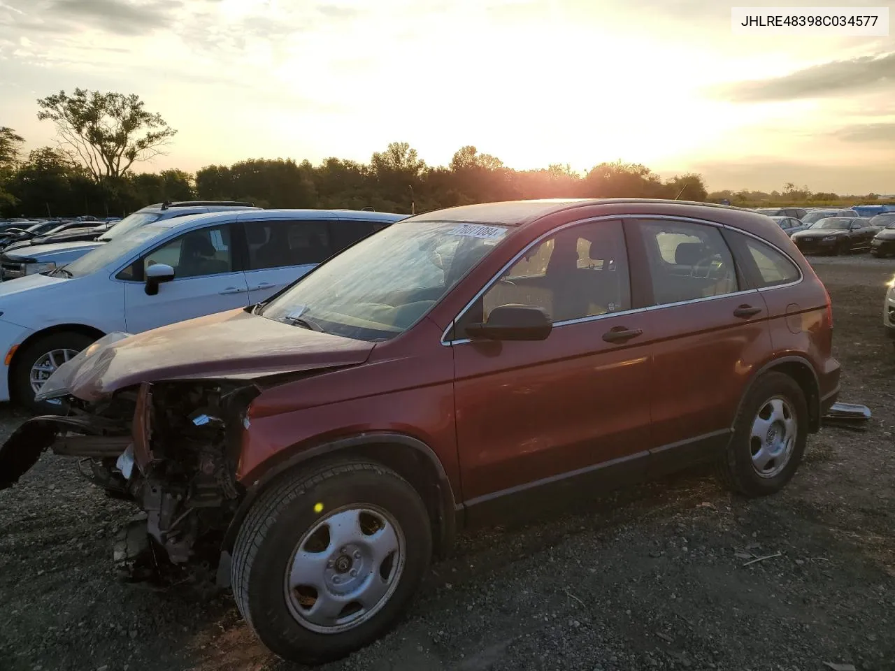 2008 Honda Cr-V Lx VIN: JHLRE48398C034577 Lot: 70871084