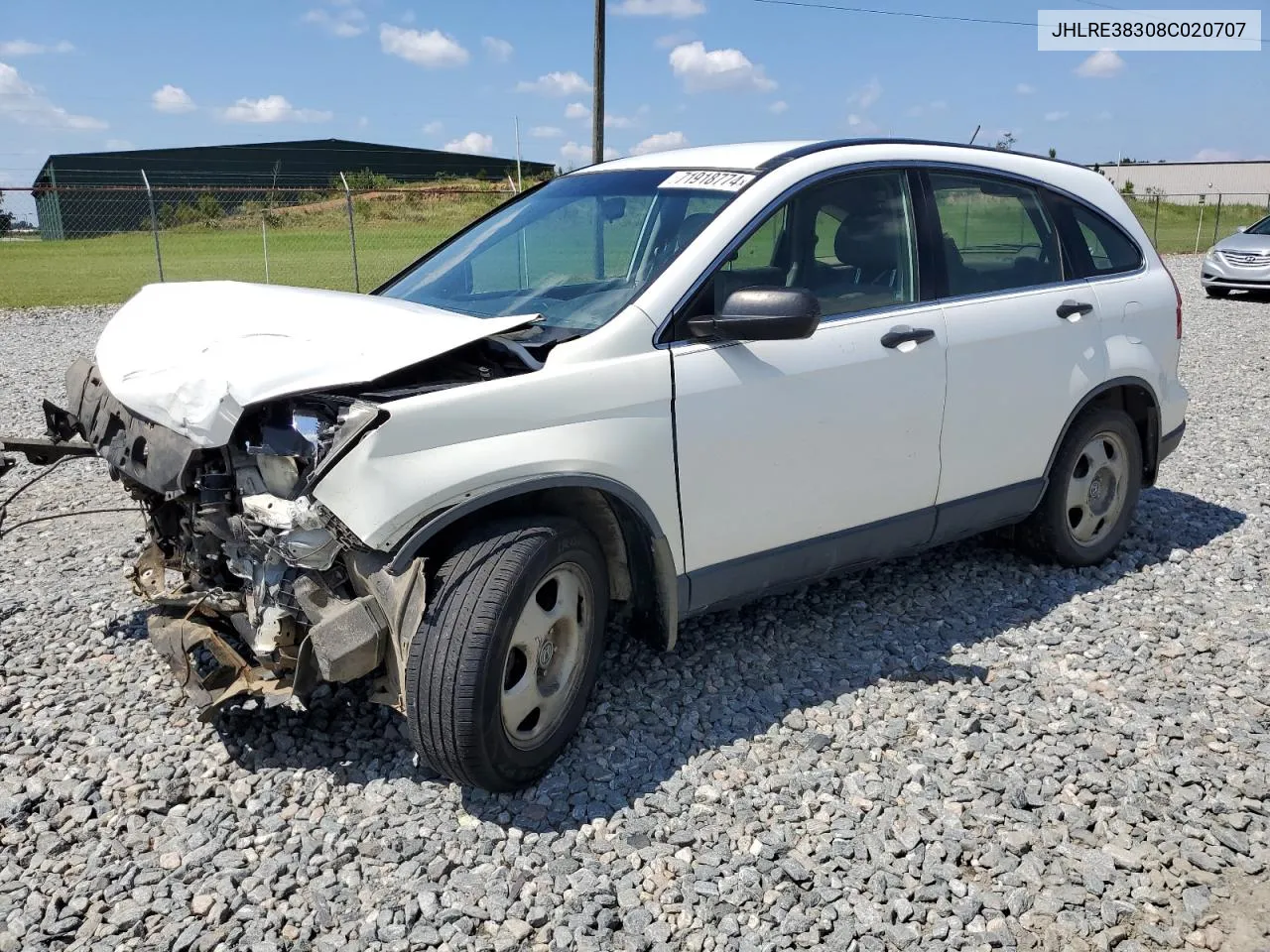 2008 Honda Cr-V Lx VIN: JHLRE38308C020707 Lot: 71918774