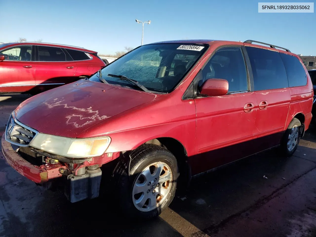 2002 Honda Odyssey Exl VIN: 5FNRL18932B035062 Lot: 80226894