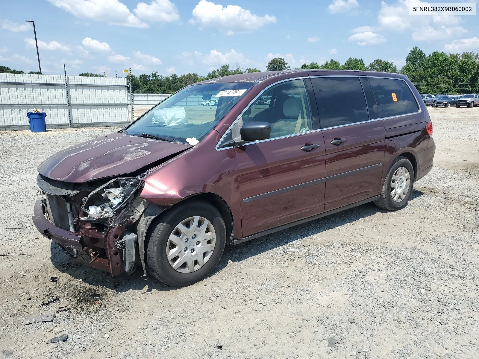 2009 Honda Odyssey Lx VIN: 5FNRL382X9B060002 Lot: 67745094