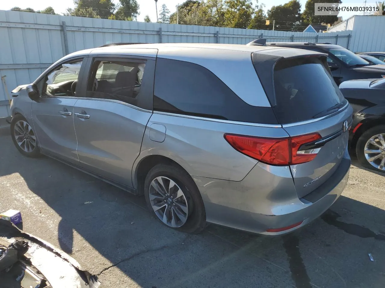 2021 Honda Odyssey Exl VIN: 5FNRL6H76MB039315 Lot: 72220864