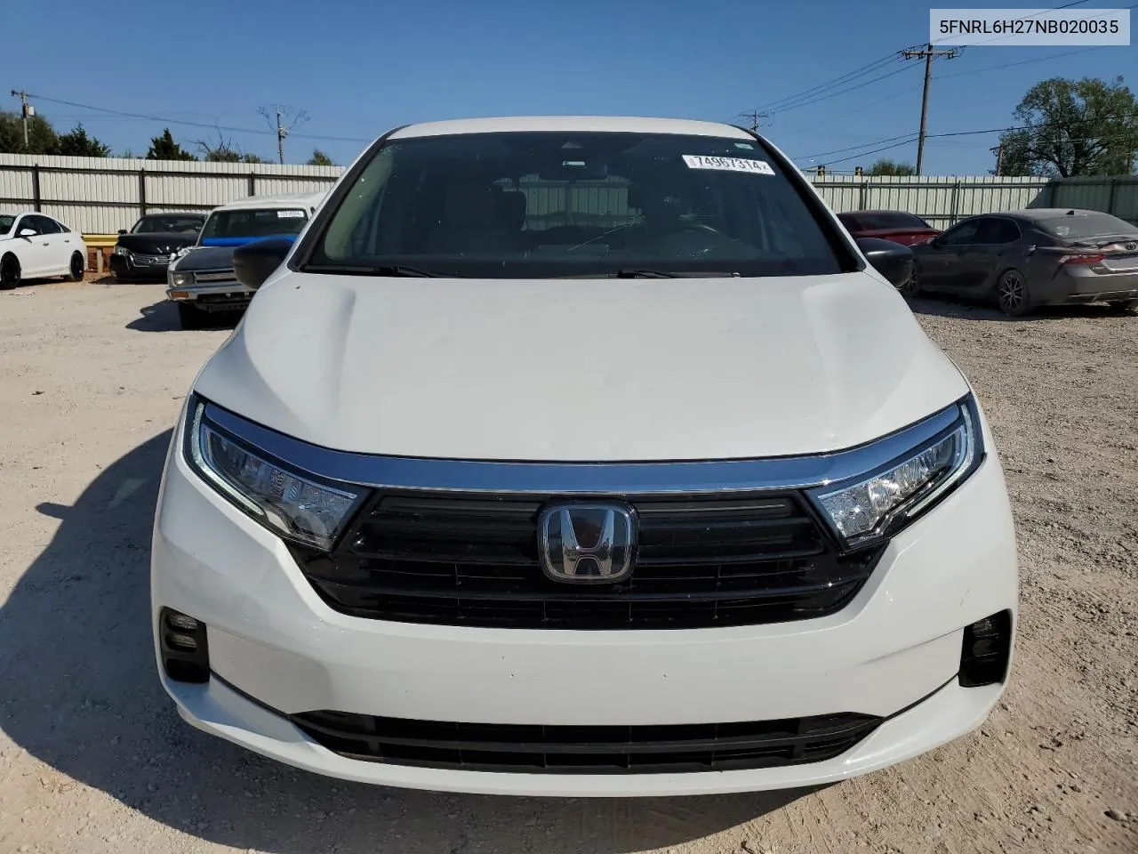 2022 Honda Odyssey Lx VIN: 5FNRL6H27NB020035 Lot: 74967314