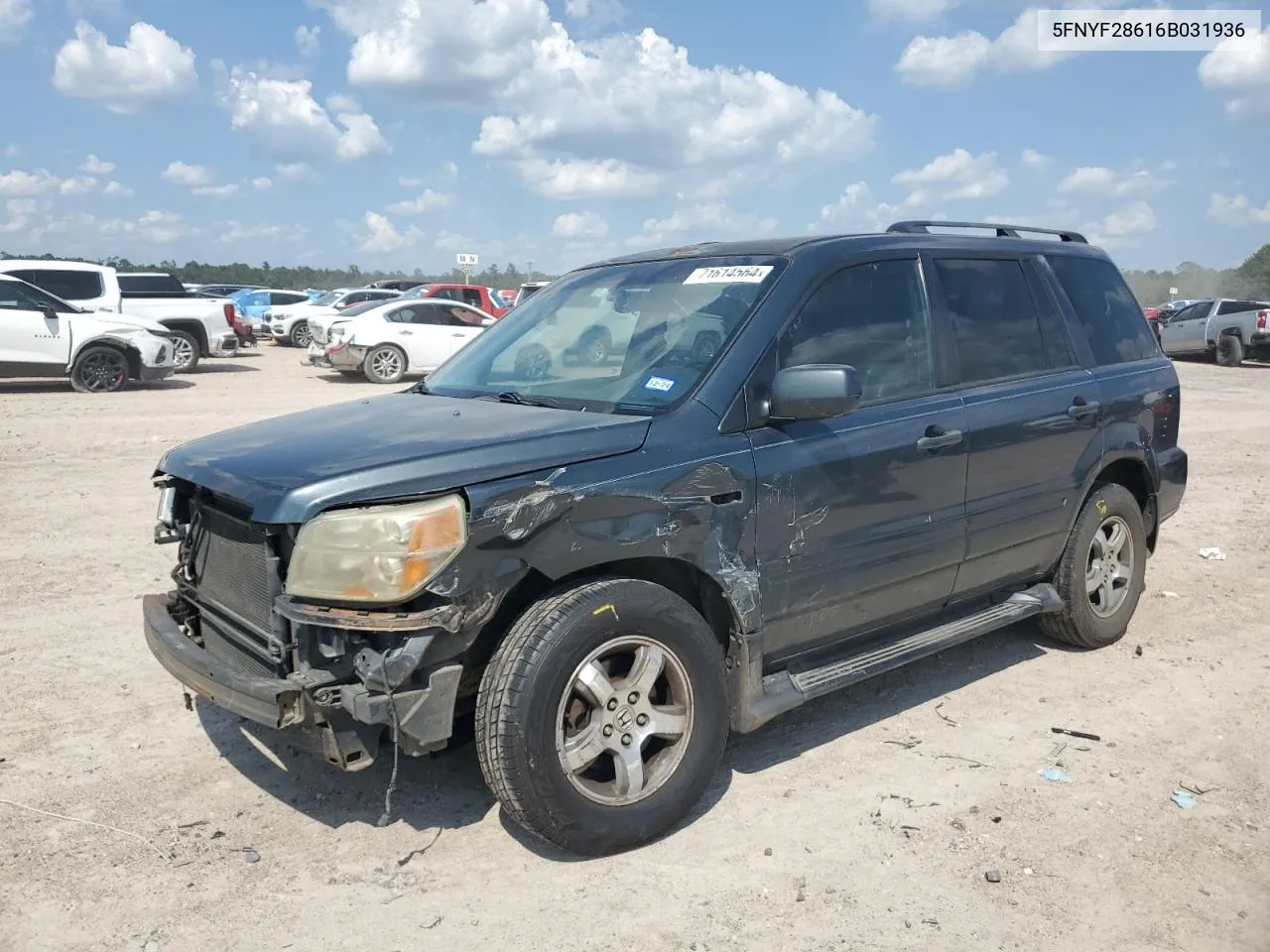 2006 Honda Pilot Ex VIN: 5FNYF28616B031936 Lot: 71614564