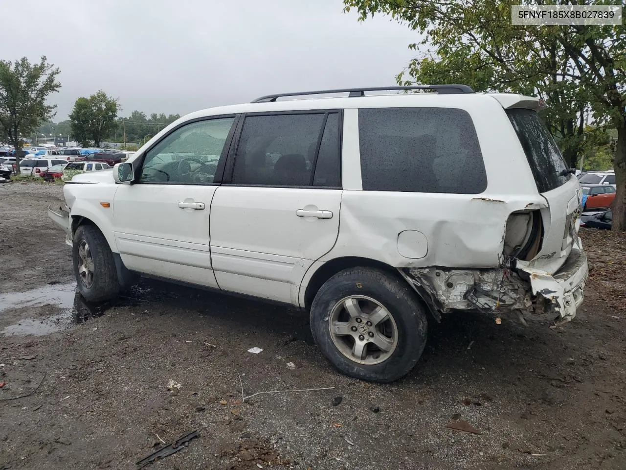 2008 Honda Pilot Exl VIN: 5FNYF185X8B027839 Lot: 73500854